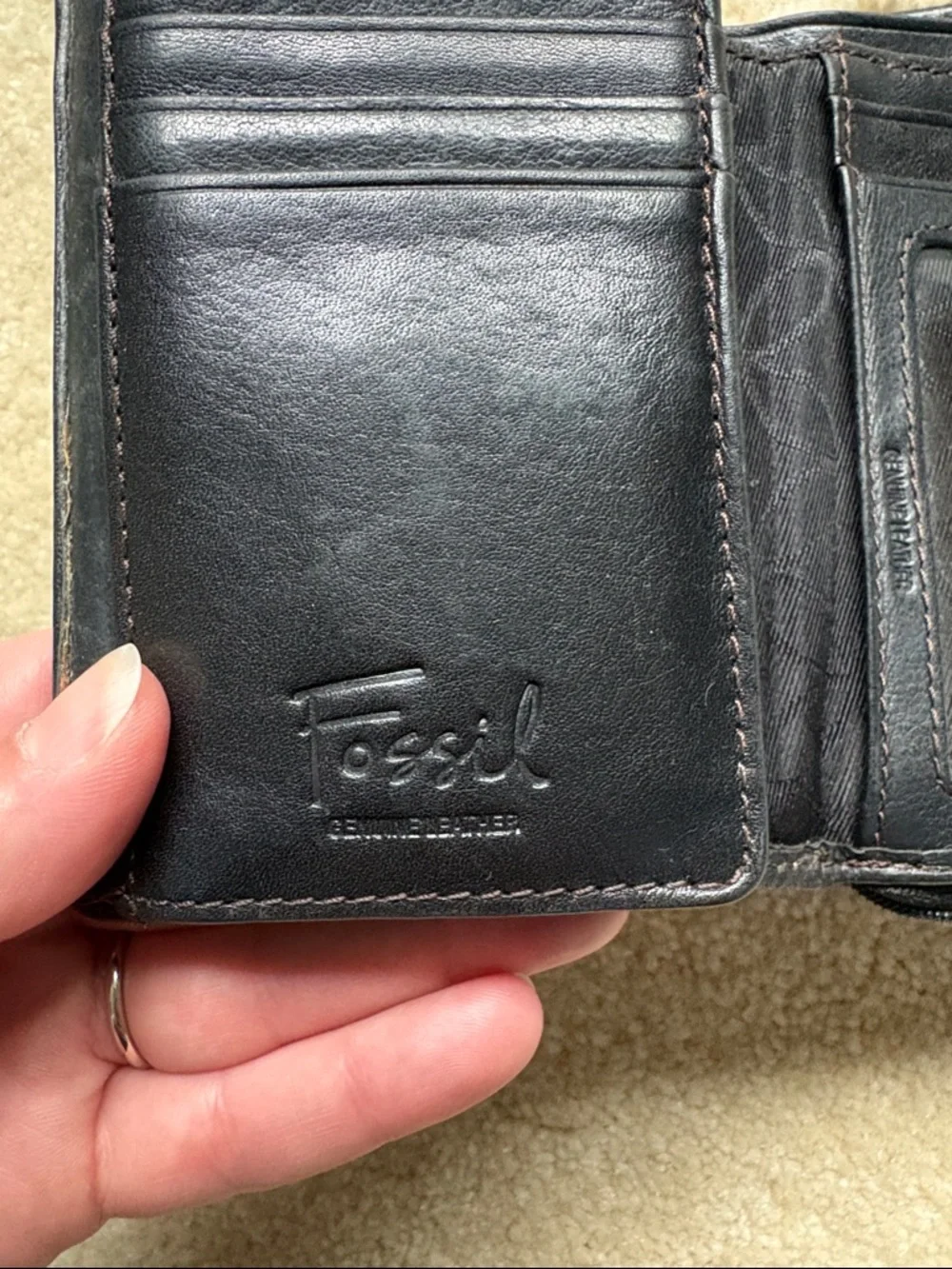Fossil Leather Tri Fold Wallet Black Classic Zip Pocket